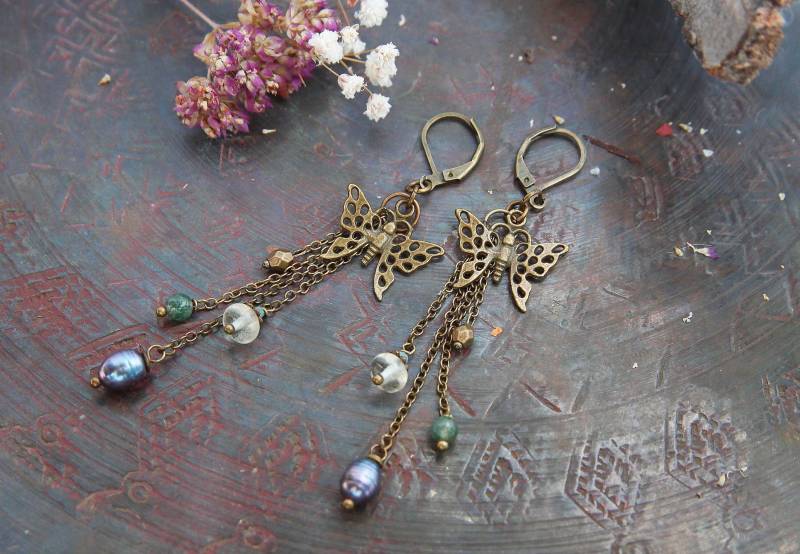 Ohrhänger Lang Echte Perlen Bergkristall Jade Edelstein Rustikal Boho Ethno Ohrringe Natur Vintagestil Wicca Pagan Göttin von VENUSFLOWER
