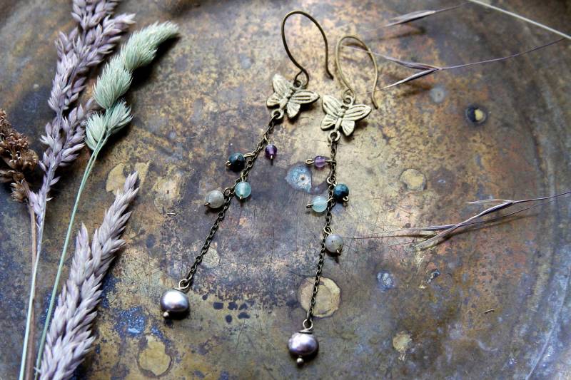 Ohrhänger Lang Süsswasserperlen Schmetterling Ohrringe Edelsteine Spirit Natur Hippie Boho Vintagestil Göttin Wicca Ethno von VENUSFLOWER