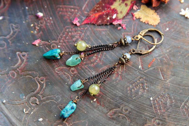 Ohrhänger Lang Vintagestil Edelstein Chrysokol Labradorit Jade Aquamarin Ohrringe Rustikal Hippie Boho Waldbaumler Natur Ethno Feminin von VENUSFLOWER
