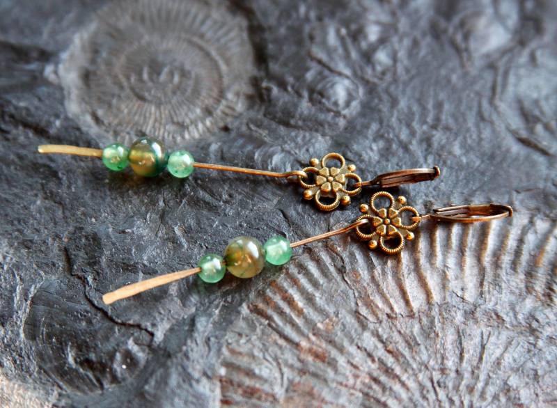 Ohrringe Vintagestil Achat Jade Boho Grün Edelsteinperlen Filigran Ohrhänger Retro von VENUSFLOWER
