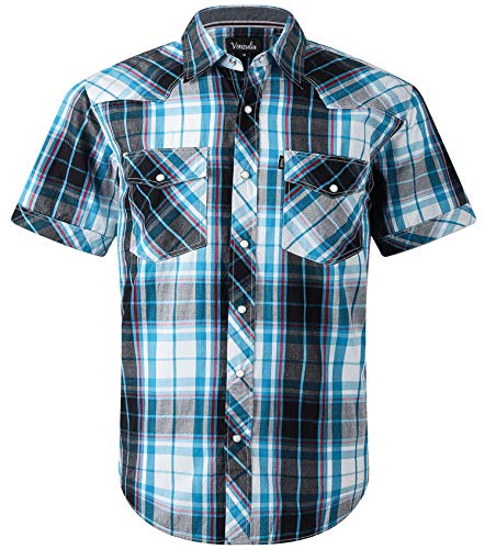 Herren Western Snap Freizeithemd Zwei Taschen Kurzarm Hemd, Blaugrün, Weiß, XX-Large von VENZULIA