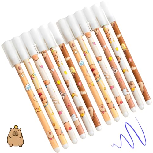 12 Stück Capybara Radierbaren Gelstiften mit Thermoempfindlicher Radiertinte Radierbarer Stifte 0.5mm Spitze Blau Capybara Erasable Pen Set für Schul Bürobedarf Studenten Geschenk Schulsachen von VEOIRXU