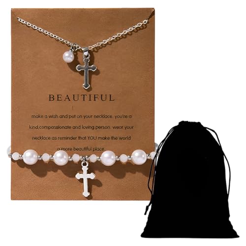 Mädchen Armband mit Halskette Set Perlenarmband mit Kreuz Taufkette Perlenkette mit Kreuzanhänger Schmuck Geschenk zur Taufe Kommunion Taufgeschenk Kommunion Geschenk zur Kommunion für Mädchen von VEOIRXU