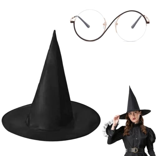 Set Hexe Kostüm Accessoires Hexenhut Schwarz mit Hexe Eyewear Runde Cosplay Kreis Frame Clear Lens Brille Faltbarer Halloween-Zaubererhut für Halloween Besondere Feiertage Familientreffen von VEOIRXU