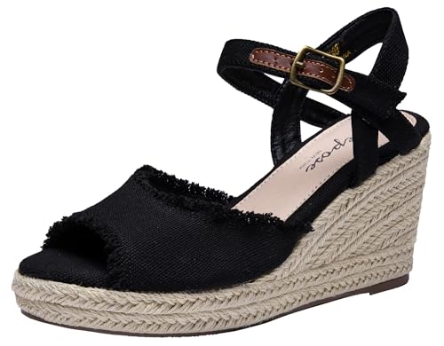 Vepose Damen 880 Keilsandalen Peep Toe 8,4 cm High Heel Plateau Espadrilles Sandalen mit Knöchelschnalle, High Wedge-880-schwarz, 39.5 EU von VEPOSE