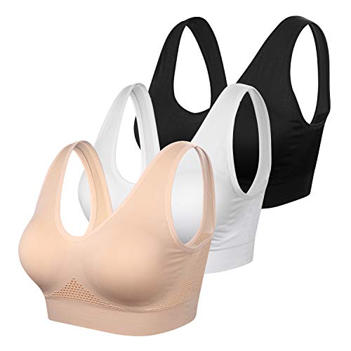 Damen-Sport-BH, bequem, ohne Bügel, nahtlos, für Workout, Yoga, BH, 3 Stück, 3 Stück (schwarz + weiß + frisch), XXX-Large von VEQKING