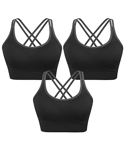 Strappy Damen Sport BH Kreuz Rücken Tops für Laufen Fitness Abnehmbare Gepolstert Workout Yoga BHs, Schwarz, X-Large von VEQKING