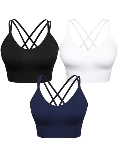 VEQKING Damen-Sport-BH, gekreuzter Rücken, mittlere Unterstützung, nahtlos, abnehmbar, gepolstert, Yoga-BH für Workout, Fitness, 3 Stück, 3 Stück (Schwarz + Weiß + Blau), small von VEQKING