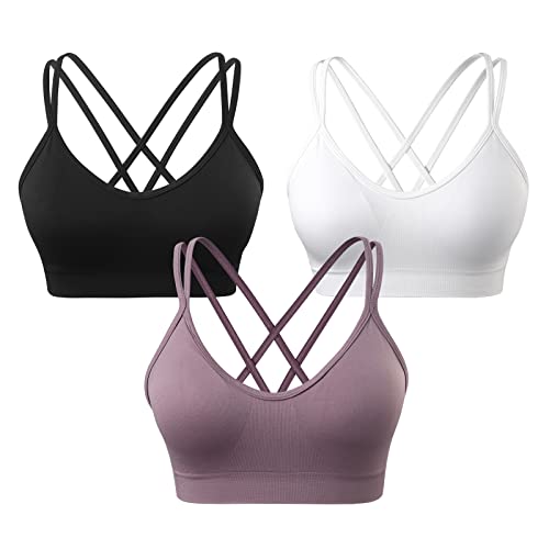 VEQKING Damen Sport-BH mit gekreuztem Rücken, gepolstert, mittlere Unterstützung, Yoga-BH, für Workout, Fitness, 3 Stück, 3 Stück (Schwarz + Weiß + Violett), small von VEQKING