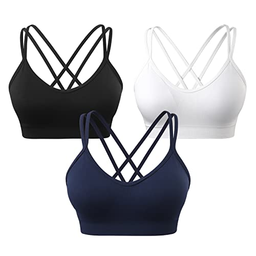VEQKING Damen Sport-BH mit überkreuztem Rücken, gepolsterte Riemen, mittlere Unterstützung, Yoga-BH für Workout, Fitness, 3 Stück, 3er-Pack (Schwarz + Weiß + Marineblau), small von VEQKING