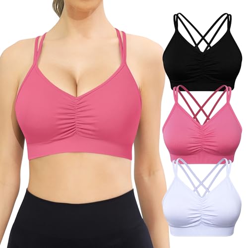 VEQKING Geraffte Sport-BHs für Damen, große Brust, nahtlos, gepolstert, mittlere Unterstützung, Yoga-BH, 3er-Pack, 3er-Pack (Schwarz + Lavendel + Hot Pink), Large von VEQKING