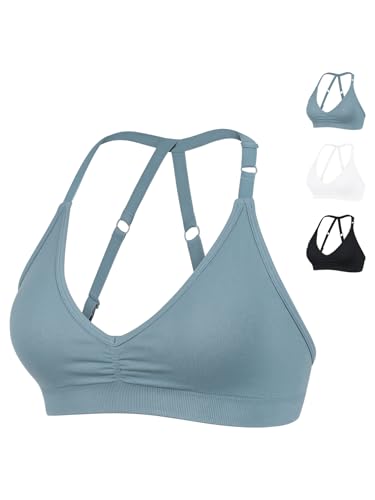 VEQKING Neckholder-Sport-BHs für Damen, gerüschter V-Ausschnitt, verstellbar, geringe Belastung, rückenfrei, gepolstert, 3er-Pack: Schwarz, Weiß, Blau, X-Large von VEQKING