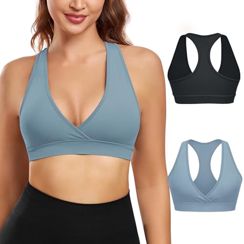 VEQKING Racerback Sport BH für Frauen Crossover Tiefer V-Ausschnitt Leichte Unterstützung Bralette A-C Cup 2er Pack, 2er-Pack: Schwarz + Blau, Large VEQKING Racerback Sport BH für Frauen Crossover Tiefer V-Ausschnitt Leichte Unterstützung Bralette A-C Cup 2er Pack, 2er-Pack: Schwarz + Blau, Large von VEQKING