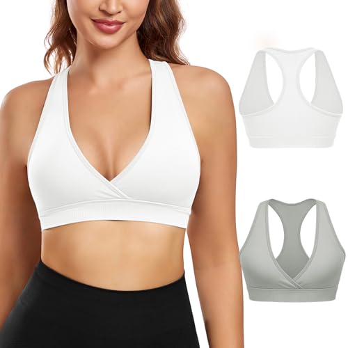 VEQKING Racerback Sport BH für Frauen Crossover Tiefer V-Ausschnitt Leichte Unterstützung Bralette A-C Cup 2er Pack, 2er-Pack: Weiß + Grau, Large VEQKING Racerback Sport BH für Frauen Crossover Tiefer V-Ausschnitt Leichte Unterstützung Bralette A-C Cup 2er Pack, 2er-Pack: Weiß + Grau, Large von VEQKING