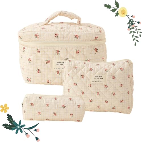 3 Pcs Cotton Quilted Makeup Bag Set, Floral Cotton Makeup Bag Cute Makeup Bag, Aesthetic Makeup Bag for Women (E) von VERBANA