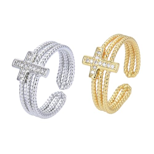 VERDANVERSE 1 Satz Verstellbare Zirkonia Kreuzringe Für Damen Funkelnde Offene Finger Ringe Silber Und Gold Langlebig Und Hautfreundlich Für 2 Stück von VERDANVERSE