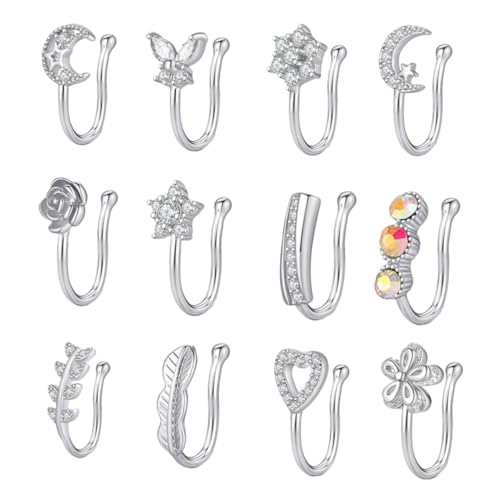VERDANVERSE 12Stücke Nasenclip Piercing Zirkonia Nasenringe Damen Schmuck Silberfarben Angenehm Tragbar für Modebewusste Frauen Perfektes von VERDANVERSE