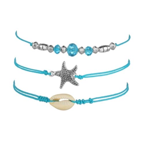 VERDANVERSE 3 Stück Boho Fußkettchen Teiliges mit Blauen Muschelperlen und Seesternanhänger Verstellbare Fußkette im Bohemia Stil Modischer Damenschmuck für Strand Alltag und Besondere von VERDANVERSE