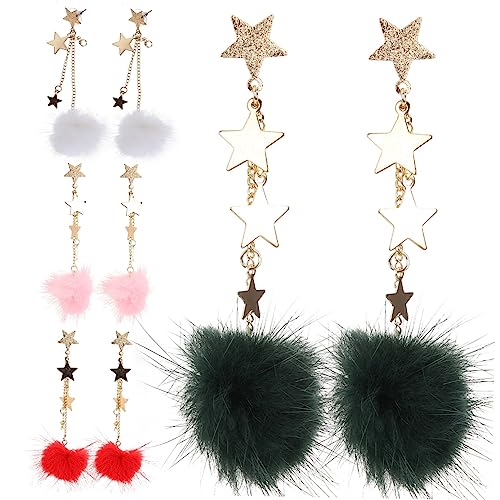 VERDANVERSE 4 Paare Sternform Ohrringe mit Kunstpelz Bommel Anhänger Baumelnde Dangle Ohrringe in Weiß Rot Grün und Modischer Schmuck für Damen und Besondere Anlässe von VERDANVERSE