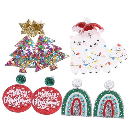 VERDANVERSE 4 Paare Weihnachtsbaum Ohrstecker Damen Ohrschmuck Weihnachtsdeko Silber Rot Bunt mit Sternen Leicht und Langlebig für Teen und Festliche Anlässe von VERDANVERSE
