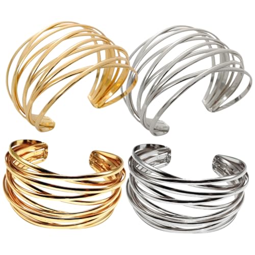 VERDANVERSE 4 Stück Teiliges Offenes Metallarmband Mehrschichtiger Hohler Armreif in Gold und Silber Modisches Punk design Vielseitige Festival Damenhandgelenkkette Langlebig und Einfach zu von VERDANVERSE