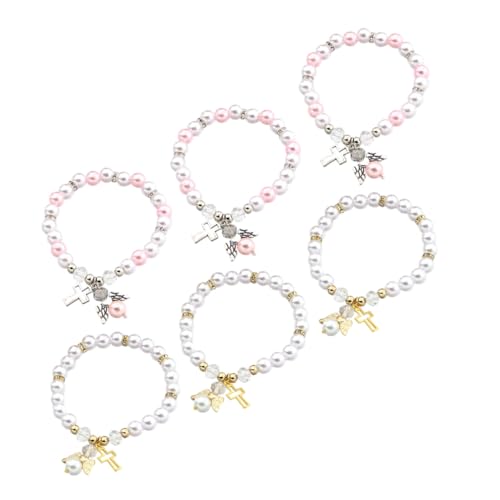 VERDANVERSE 6 Stück Teiliges Armband mit Acrylperlen und Engelsflügeln Stilvolle Rosenperlen Wickelarmbänder in Weiß und Rosa Langlebiger Schmuck für Taufe und Geschenkideen von VERDANVERSE