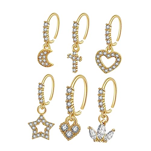VERDANVERSE 6Stücke Nasenringe mit Strass und Mond Stern Design Nasenmanschetten für Frauen Schmuckset Zirkonia für Alltag und Besondere Anlässe von VERDANVERSE