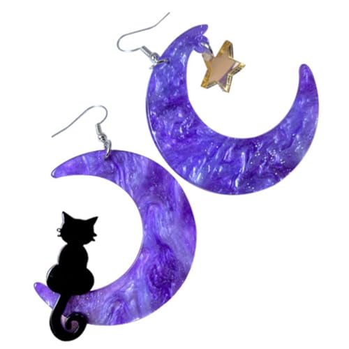 VERDANVERSE Asymmetrische Damen Ohrhänger mit Mond und Katze Leichte Ohrringe Filigrane Drop Earrings für Teenager Modischer Schmuck für Party und Alltag von VERDANVERSE