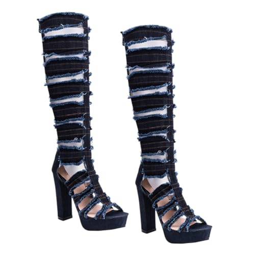 VERDANVERSE Damen High Heel Boots mit Hohem Schaft Offene Zehen Stiefel Atmungsaktive Jeansoptik Grober Blockabsatz Stilvolle Sommerliche Knöchelstiefel von VERDANVERSE