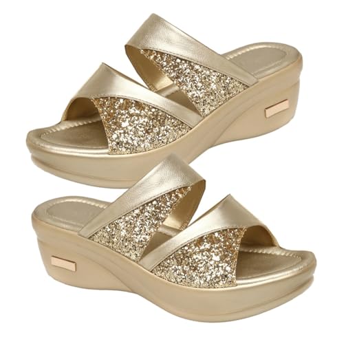 VERDANVERSE Damen Keilsandaletten mit Dicker Plateau Sohle Fischmaul Slipper Sommerliche Outdoor Wedges in Gold Bequeme Freizeitschuhe für Alltag und Strand von VERDANVERSE