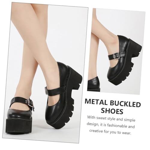 VERDANVERSE Damen Lederschuhe mit Metall Buckle Riemen Runde Zehen Dicke Sohle rutschfest Atmungsaktiv Modisch Vielseitig für Party Alltag und Cosplay Schwarz von VERDANVERSE