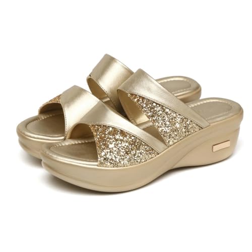 VERDANVERSE Damen Sandalen Keilabsatz Sommer Slipper mit Dicker Plateau Sohle und Glänzender Dekoration Bequeme Freizeit und Strandschuhe Stilvolle Offene Fischmaul Design Gold von VERDANVERSE