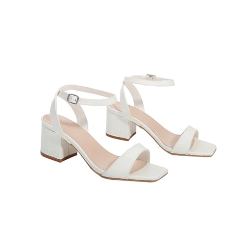 VERDANVERSE Damen Sandalen mit Chunky Absatz Elastische Weiße Sommerschuhe Bequemes Fußbett Quadratische Zehenpartie Damenschuhe für Alltag und Party von VERDANVERSE