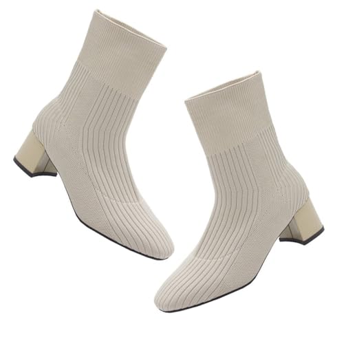 VERDANVERSE Damen Stiefeletten mit Maschen obermaterial Herbstliche Grobe Absatz Boots Bequeme Chunky Heel Schuhe Elegante Wadenhohe Knöchelstiefel für Alltag und Büro von VERDANVERSE