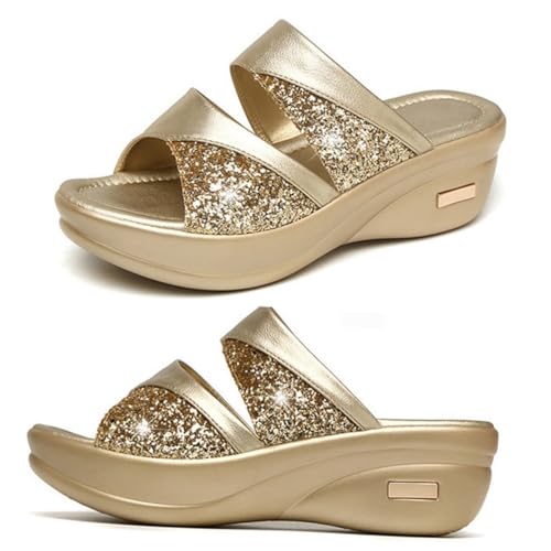 VERDANVERSE Damen Wedgesandalen Sommer Gold Keilabsatz Fischmaul Design Bequeme Casual Slipper Dicke Sohle Outdoor Pantoletten Füßbett Schuhe von VERDANVERSE