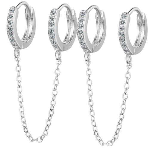 VERDANVERSE Doppelter Creolen Ohrring mit Zirkonia Lange Kette Hautfreundlich Glatte Kanten Modischer Schmuck für Damen Vielseitig Tragbar zu Party Shopping Dating Silberfarben von VERDANVERSE