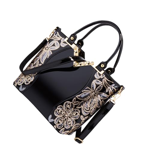 VERDANVERSE Elegante Damen Handtasche aus Hochwertigem PU mit Modischem Stickdesign Leichte Umhängetasche und Schultertasche Vielseitige Tote Bag für Alltag Shopping und Freizeit Schwarzes von VERDANVERSE