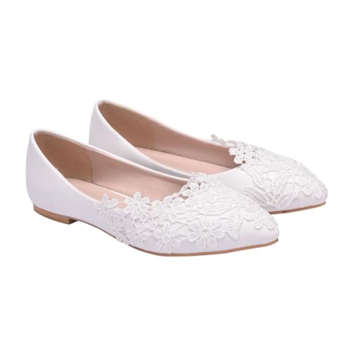 VERDANVERSE Elegante Flache Hochzeitsschuhe Damen Spitzen Ballerina Weiß PU und Bequem und Langlebig für Arbeit Party Bankett Formelle Anlässe von VERDANVERSE