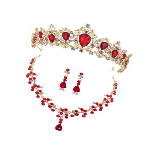 VERDANVERSE Elegantes Brautschmuck Set mit Krone Halskette und Ohrringen Stilvolle Accessoires für Hochzeit Party und Festliche Anlässe Damen Schmuck in Rot von VERDANVERSE