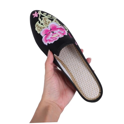 VERDANVERSE Ethnische Damen Hausschuhe mit Gesticktem Muster Bequeme Atmungsaktive Stoffpantoffeln Rutschfeste Sohle Modische Freizeit slipper in Schwarz Langlebig und Leicht von VERDANVERSE
