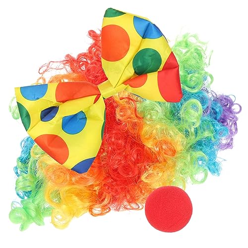 VERDANVERSE Festival Clown Kostüm Set mit Lockiger Perücke Roter Clownsnase und Gepunkteter Fliege Bequemes Party Zubehör für Erwachsene und Show und Verkleidungs Accessoire von VERDANVERSE