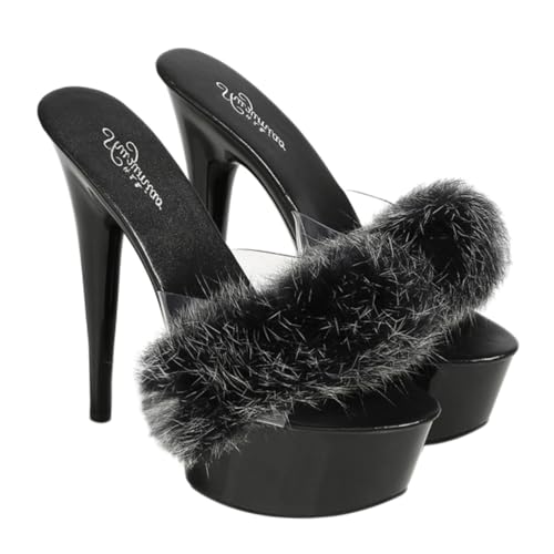 VERDANVERSE Fluffy Tip High Heel Sandaletten Damen Schwarz Super Hohe Absatzschuhe mit Federleichtem Dekor Bequemes An Ausziehen für Alltag und Party von VERDANVERSE