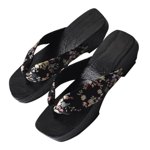 VERDANVERSE Japanische Holzclogs Damen Sommer Sandalen Elegant Rutschfest Hohe Absätze Modisch Schwarz Satin für Strand Bad Badezimmer Alltag von VERDANVERSE
