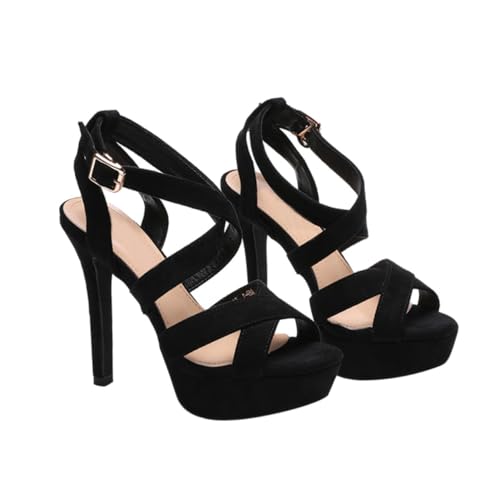 VERDANVERSE Modische Damen High Heels Open toe Sandalen mit Pfennigabsatz Atmungsaktivem Wildleder und Rutschfester Gummisohle Komfortabel und Sommerlich zu Röcken und Hosen Schwarz von VERDANVERSE