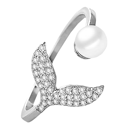 VERDANVERSE Offener Damenring Meerjungfrau Design mit Perle Verstellbarer Modeschmuck Ocean Jewelry Leichter Schmuck für Partys und Alltag Eleganter Fingerring Weißgoldfarben von VERDANVERSE
