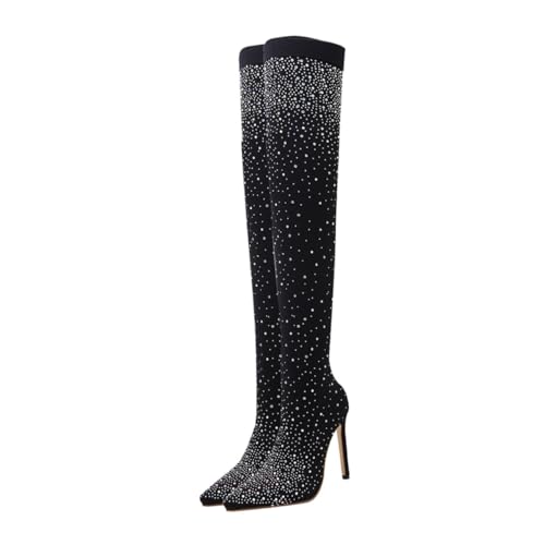VERDANVERSE Pointige High heel Boots Damen Strass Stiefeletten Schwarz Komfortabler Absatz Party Schuhe Elegant Spitz Design Freizeit Schuhe von VERDANVERSE