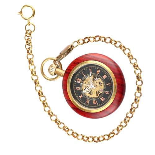 VERDANVERSE Retro Mechanische Taschenuhr Herren Vintage Uhr mit Römischen Ziffern Rotbrauner Holzmaserung und Robustem Metallgehäuse als Stilvolles Accessoire und von VERDANVERSE