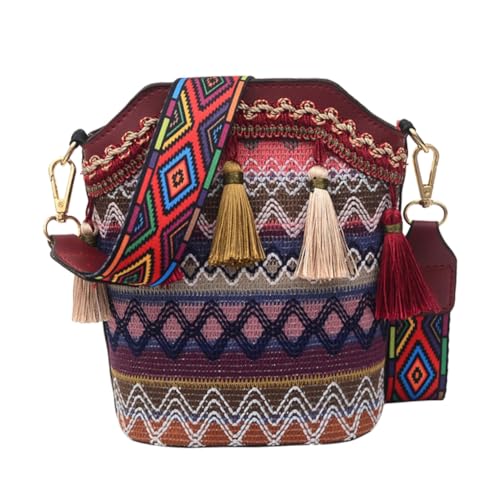 VERDANVERSE Rote Boho Umhängetasche Damen Geflochtene Schultertasche mit Quasten Bucket Bag Langlebiges PU Material Crossbody Bag für Alltag Shopping Freizeit Party von VERDANVERSE