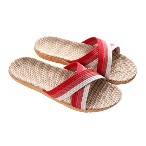 VERDANVERSE Rutschfeste Damen Hausschuhe aus Leinen mit Kreuzriemen Atmungsaktiv Leicht und für Innenbereich Rotes Design Langlebig und Modisch von VERDANVERSE