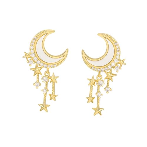 VERDANVERSE Silber Ohrstecker Damen Mond Stern Ohrringe mit Strass Quaste Leicht Elegant für Alltag Hochzeit Party von VERDANVERSE